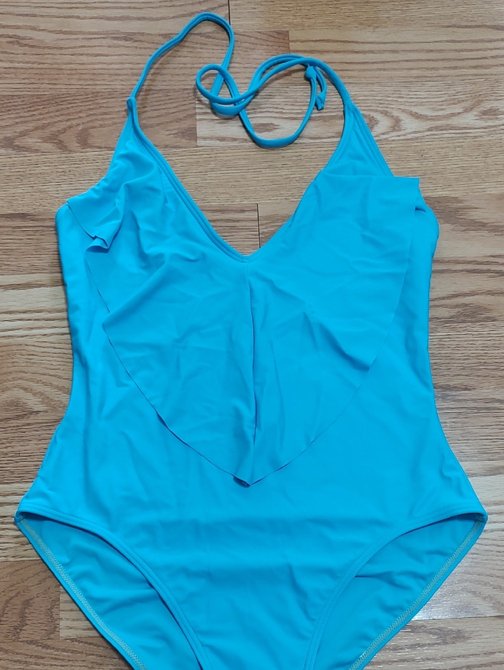 Turquoise One-Piece Swimsuit with V-Neck Ruffle
